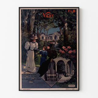 Vintage turistaffisch – Vichy, PLM, i tunn ram på ljus vägg.