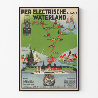 Vintage turistaffisch – Waterland, spårvagn, visad i tunn ram på en ljus vägg.