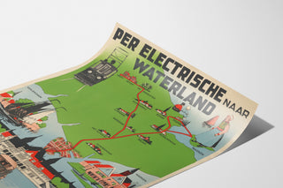 Vintage turistaffisch – Waterland, spårvagn, visad på ett böjt ark i perspektiv.