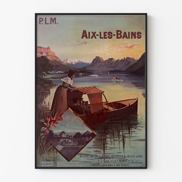 Vintage affisch Aix-les-Bains, PLM kollektiva biljetter, visad i en tunn ram på en ljus vägg.