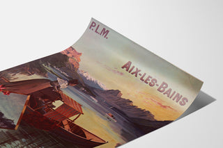 Vintage affisch Aix-les-Bains, PLM kollektiva biljetter, visad på ett lätt böjt papper, perspektivvy.