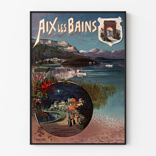 Vintage affisch Aix-les-Bains, nattfest, visad i en tunn ram på en ljus vägg.
