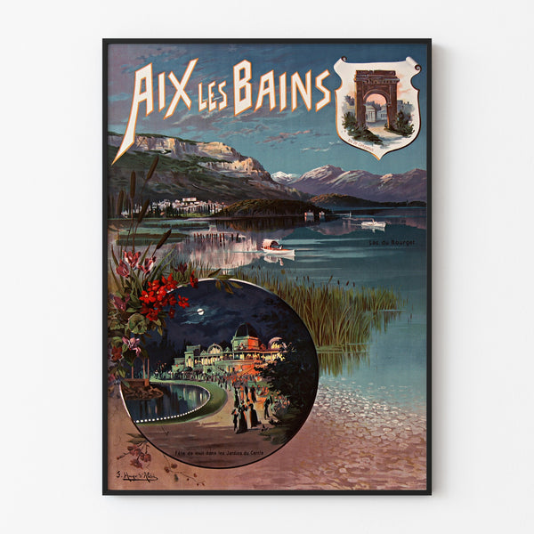 Vintage affisch Aix-les-Bains, nattfest, visad i en tunn ram på en ljus vägg.