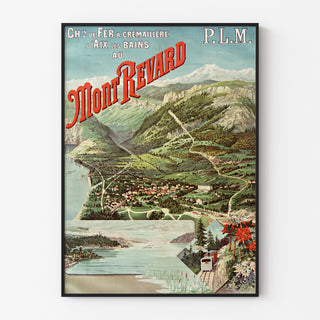 Vintage affisch Aix-les-Bains, Mont-Revard, hängränna, visad i en tunn ram på en ljus vägg.