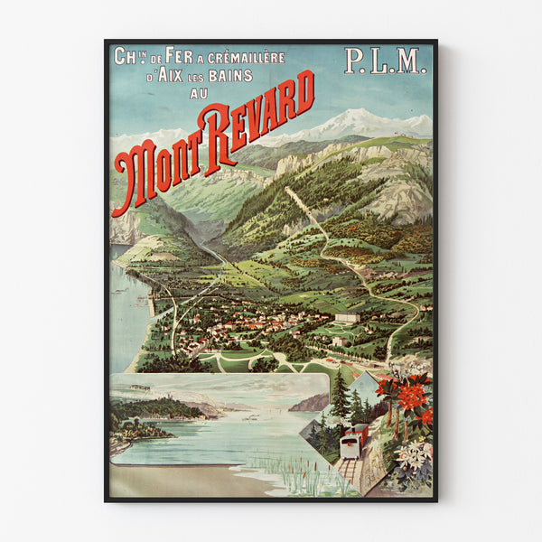 Vintage affisch Aix-les-Bains, Mont-Revard, hängränna, visad i en tunn ram på en ljus vägg.