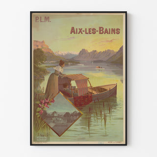 Vintage affisch Aix-les-Bains, PLM, visad i en tunn ram på en ljus vägg.