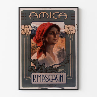 Vintageaffisch Amica, opera, i tunn ram på en ljus vägg.