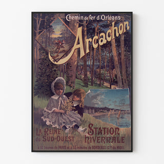 Vintageaffisch Arcachon, vintersäsong, presenterad i en smal ram på en ljus vägg.