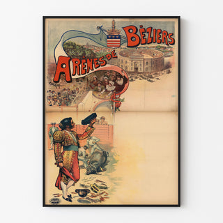 Vintageaffisch Arènes de Béziers, presenterad i en smal ram på en ljus vägg.