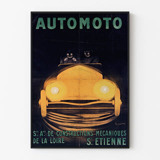 Vintageaffisch Automoto, Saint-Étienne, i tunn ram på ljus vägg.
