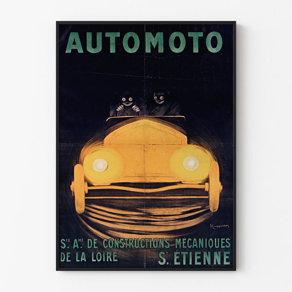 Vintageaffisch Automoto, Saint-Étienne, i tunn ram på ljus vägg.