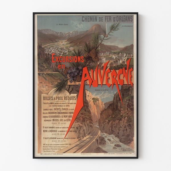 Vintageaffisch Auvergne, utflykter Orléans, visad i en tunn ram på en ljus vägg.