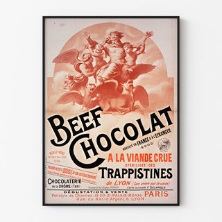 Vintage affisch Beef Chocolat, chocolaterie de la Drôme, upphängd i tunn ram på ljus vägg.