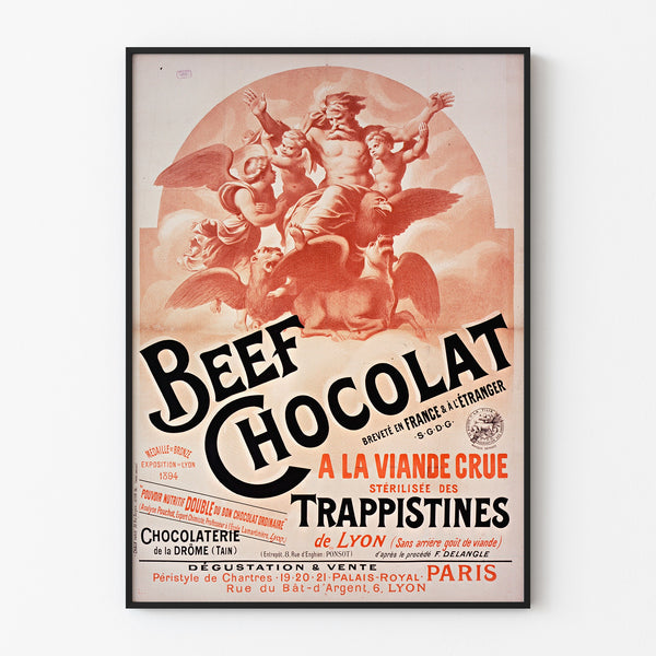 Vintage affisch Beef Chocolat, chocolaterie de la Drôme, upphängd i tunn ram på ljus vägg.