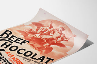 Vintage affisch Beef Chocolat, chocolaterie de la Drôme, visad på böjd pappersyta i perspektiv.