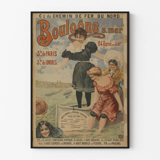 Vintageaffisch Boulogne-sur-Mer, 24 express, visad i en tunn ram på en ljus vägg.