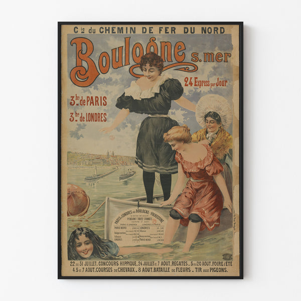 Vintageaffisch Boulogne-sur-Mer, 24 express, visad i en tunn ram på en ljus vägg.
