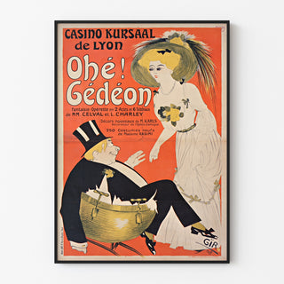 Vintageaffisch Casino Kursaal, Ohé Gédéon, visad i en tunn ram på en ljus vägg.