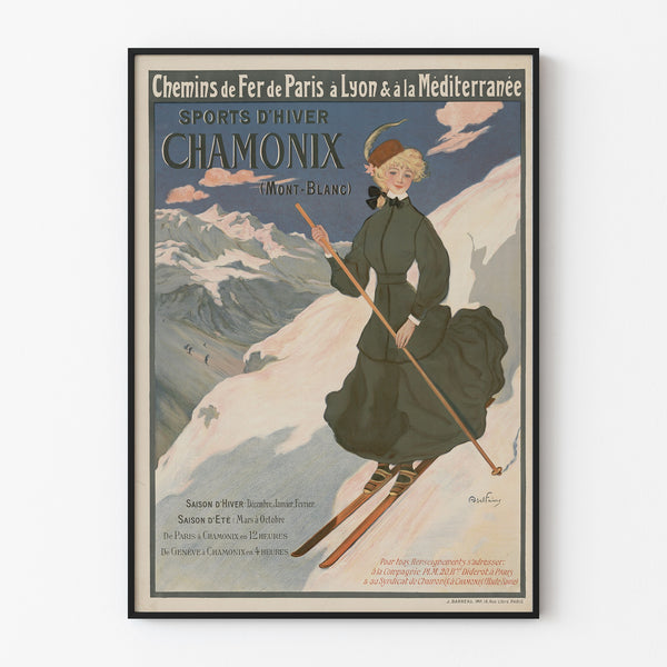 Vintageaffisch Chamonix, vintersport PLM, visad i en tunn ram på en ljus vägg.