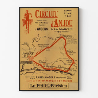 Vintageaffisch Circuit d’Anjou, vandring, i tunn ram på ljus vägg.