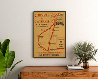 Vintageaffisch Circuit du Gâtinais, vandring, inramad ovanför ett träbyrå, mellan växter.