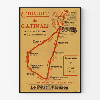 Vintageaffisch Circuit du Gâtinais, vandring, i tunn ram på ljus vägg.