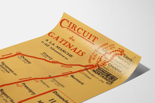 Vintageaffisch Circuit du Gâtinais, vandring, visad på en lätt böjd pappersyta, perspektivvy.