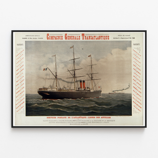Vintageaffisch Compagnie Générale Transatlantique – Lignes des Antilles, i tunn ram på ljus vägg.