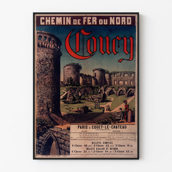 Vintageaffisch Coucy, Chemins de fer du Nord, i tunn ram på ljus vägg.