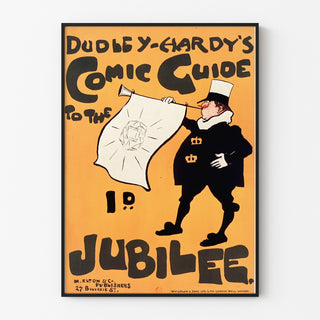 Vintageaffisch Dudley Hardy, comic guide, i en tunn ram på en ljus vägg.