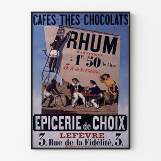 Vintage affisch Épicerie Lefèvre, kaffe och choklad, i tunn ram på en ljus vägg.