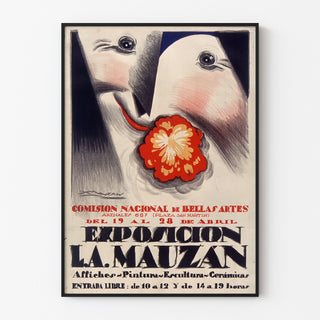 Vintageaffisch Utställning Achille Mauzan, i tunn ram på ljus vägg.