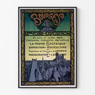 Vintageaffisch Foire-exposition de Bourges, i tunn ram på ljus vägg.