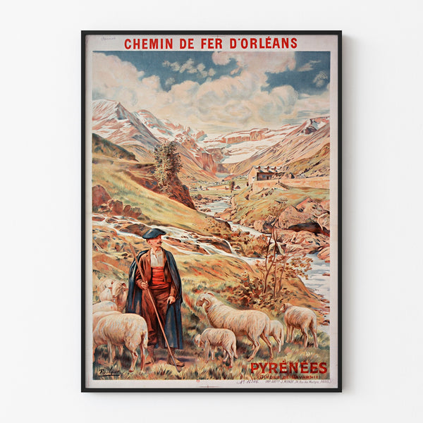 Vintageaffisch Gavarnie, chemin de fer d’Orléans, i ett smalt ramverk mot en ljus vägg.