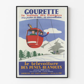 Vintageaffisch Gourette, télévoiture, i ett smalt ramverk mot en ljus vägg.