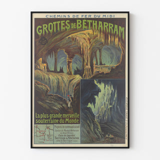 Vintageaffisch Grottes de Bétharram, i ett smalt ramverk mot en ljus vägg.
