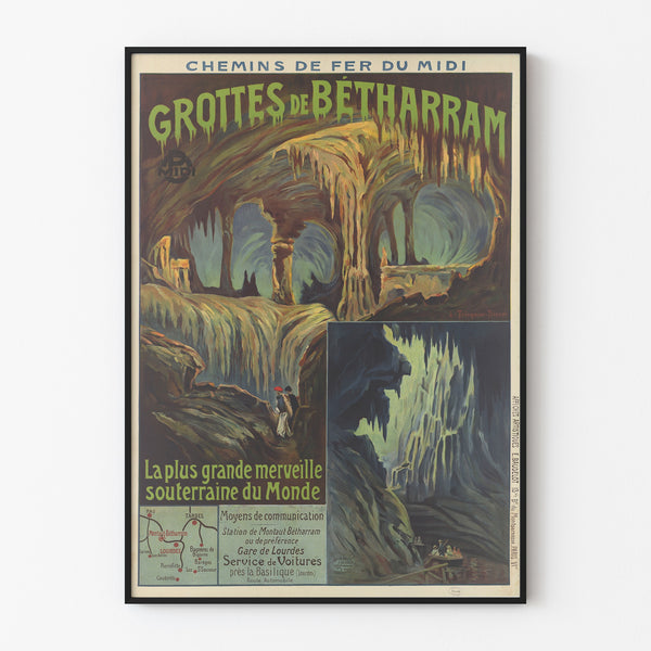 Vintageaffisch Grottes de Bétharram, i ett smalt ramverk mot en ljus vägg.