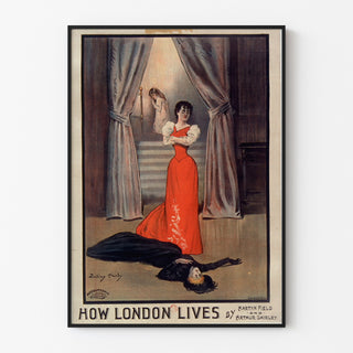 Vintageaffisch How London Lives, Surrey Theatre, i tunn ram på en ljus vägg.