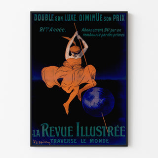 Vintageaffisch La Revue illustrée, i en tunn ram på en ljus vägg.