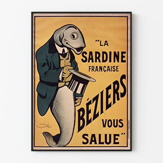 Vintageaffisch La Sardine française, Béziers, presenterad i en smal ram på en ljus vägg.