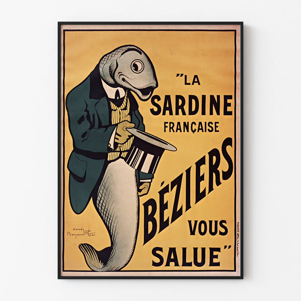 Vintageaffisch La Sardine française, Béziers, presenterad i en smal ram på en ljus vägg.