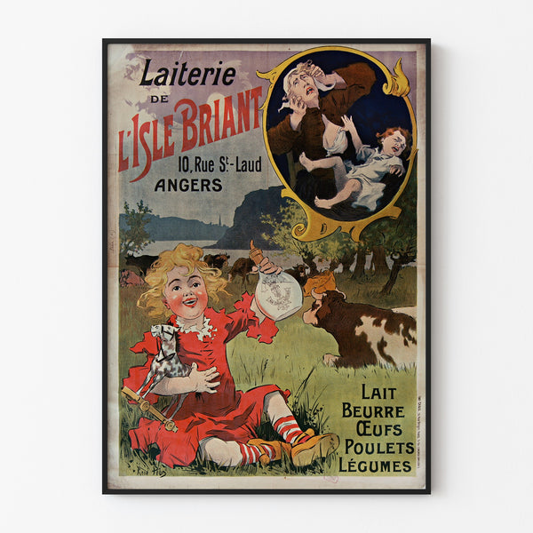 Vintageaffisch Laiterie de l’Isle Briant, Angers, presenterad i en tunn ram på en ljus vägg.