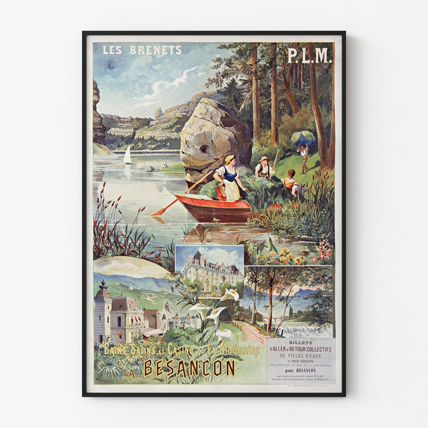 Vintage affisch Les Brenets — PLM, saltsjöbad i Besançon, upphängd i tunn ram på ljus vägg.