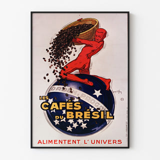 Vintageaffisch Les Cafés du Brésil, i en tunn ram på en ljus vägg.