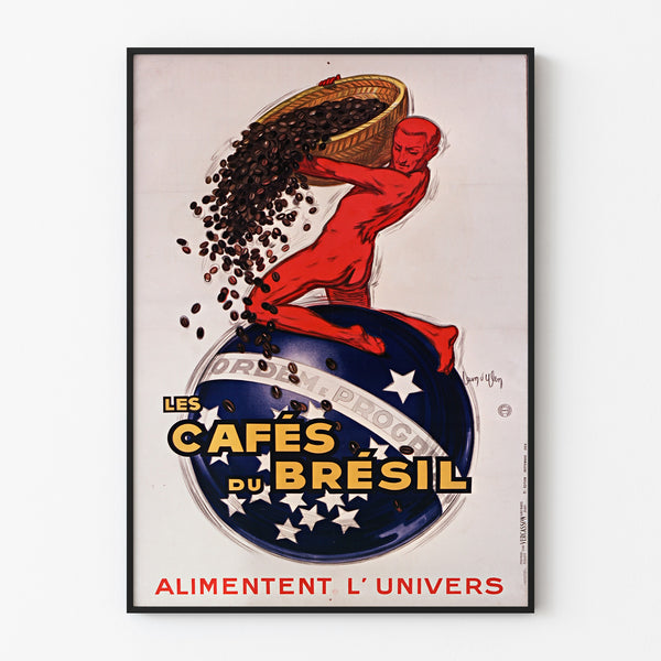 Vintageaffisch Les Cafés du Brésil, i en tunn ram på en ljus vägg.