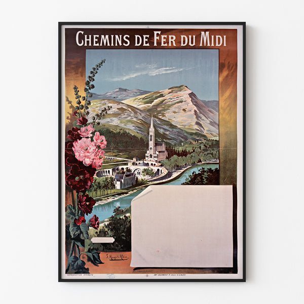 Vintageaffisch Lourdes, chemins de fer du Midi, i ett smalt ramverk mot en ljus vägg.