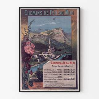 Vintageaffisch Lourdes, badorter, visad i en tunn ram på en ljus vägg.