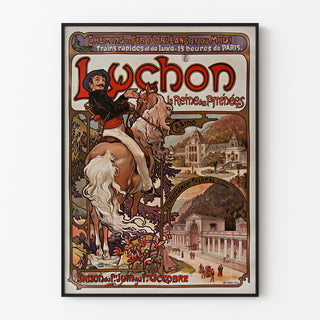 Vintageaffisch Luchon, Pyréernas drottning, presenterad i en smal ram på en ljus vägg.