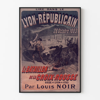 Vintage affisch Lyon Républicain, Bataillon Croix-Rousse, visad i en tunn ram på en ljus vägg.