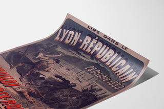 Vintage affisch Lyon Républicain, Bataillon Croix-Rousse, visad på ett lätt böjt papper, perspektivvy.